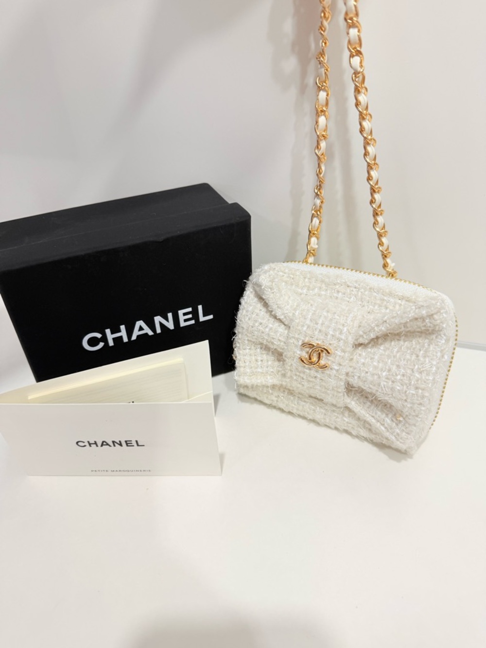 CHANEL Cream Tweed Mini Cosmetic Pouch with Gold Chain Strap - Picture 9 of 9